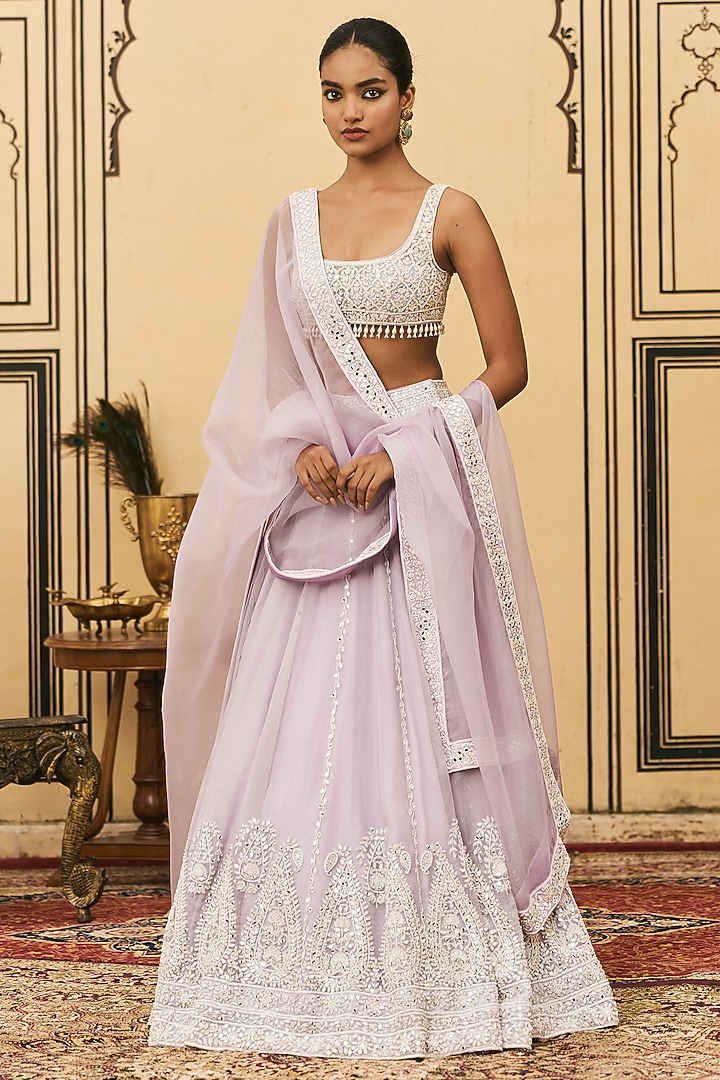 Lilac Organza Embroidered Draped Bridal Lehenga Set by ITRH at Pernia's Pop Up Shop