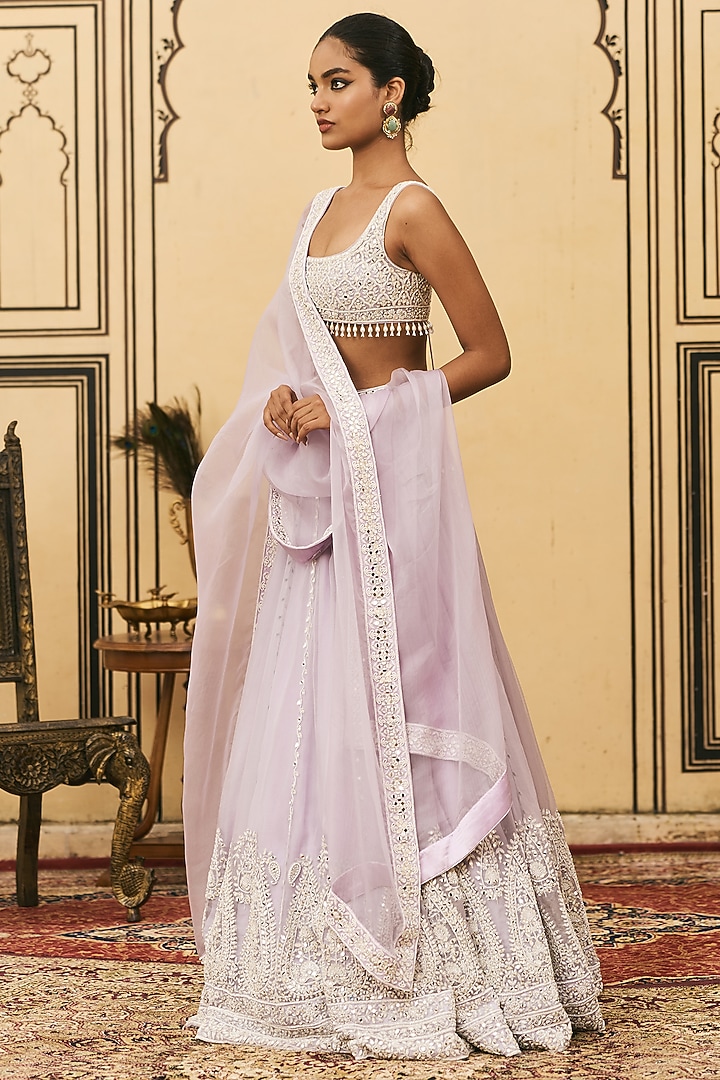 Lilac Organza Embroidered Draped Bridal Lehenga Set by ITRH at Pernia's Pop Up Shop
