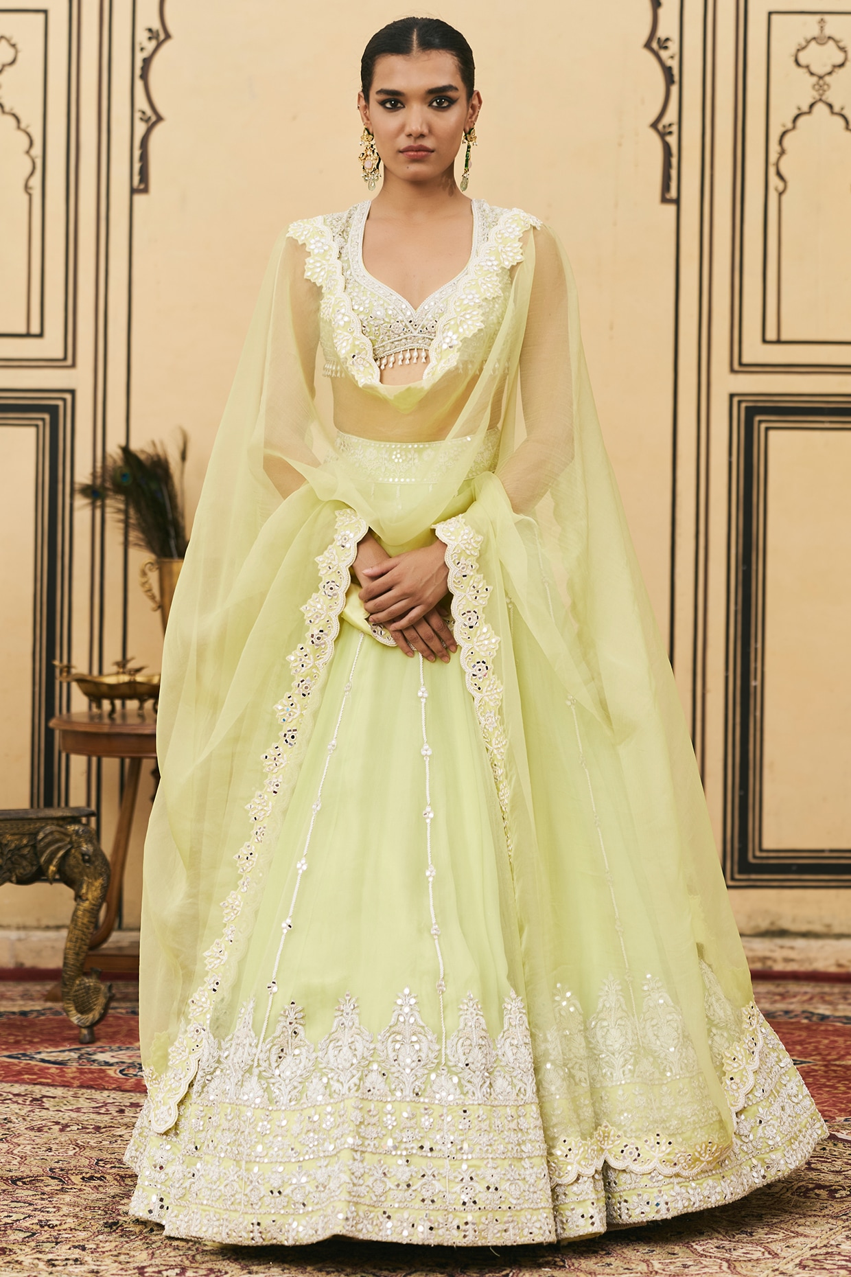 ITRH Mint Green Organza Embroidered Draped Lehenga Set
