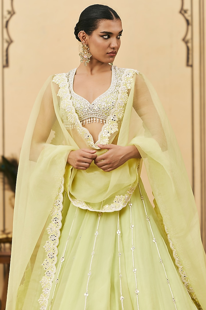 Mint Green Organza Embroidered Draped Bridal Lehenga Set by ITRH at Pernia's Pop Up Shop