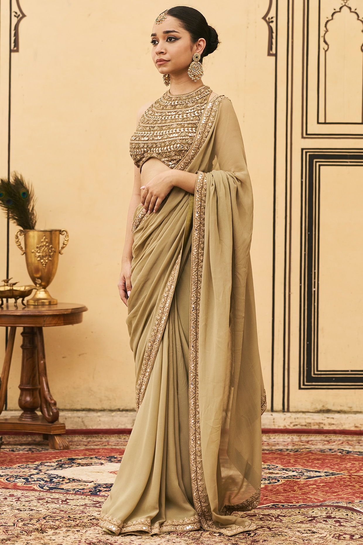 ITRH Olive Green Organza Embroidered Draped Saree Set