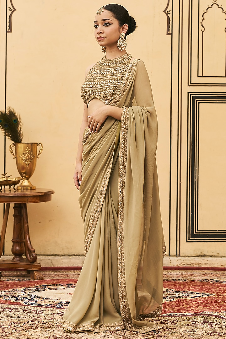 Olive Green Organza Embroidered Draped Reception Saree Set by ITRH at Pernia's Pop Up Shop