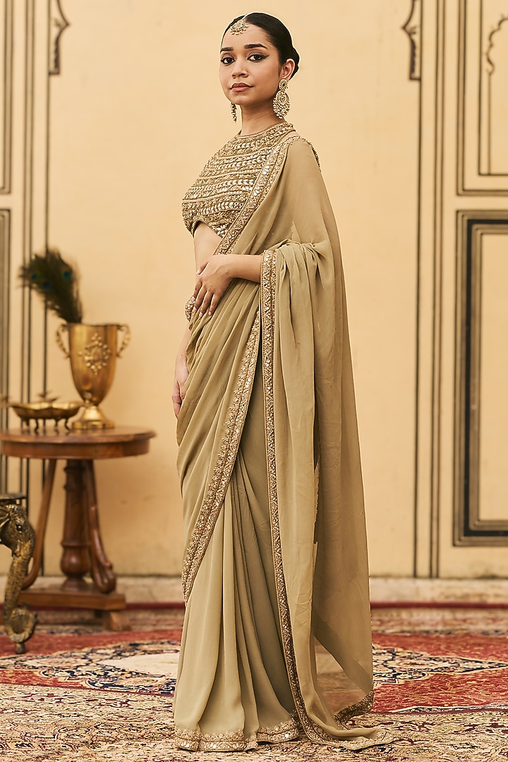 Olive Green Organza Embroidered Draped Reception Saree Set by ITRH at Pernia's Pop Up Shop