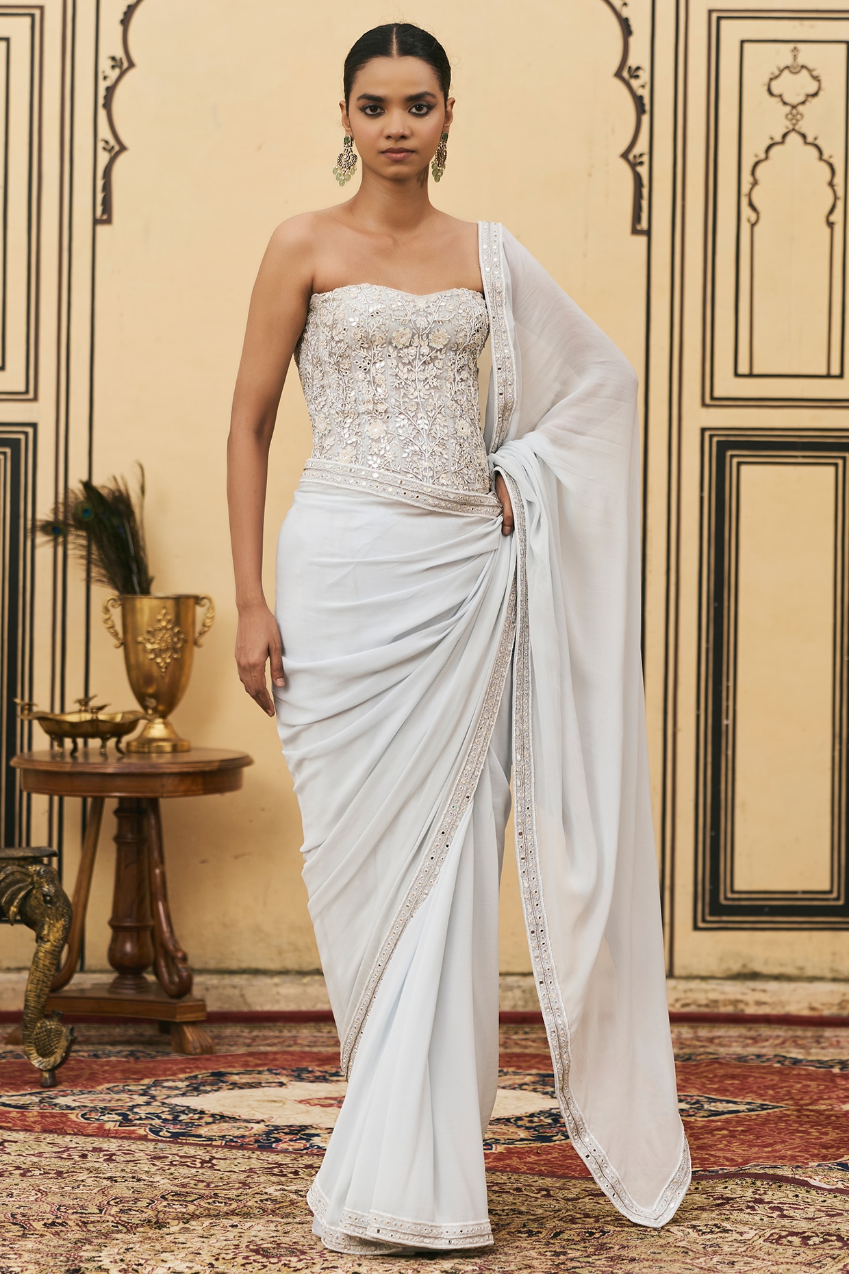 ITRH Powder Blue Organza Embroidered Draped Saree Set