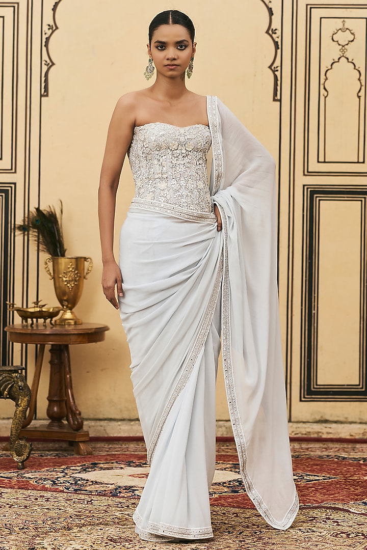 Powder Blue Organza Embroidered Draped Reception Saree Set by ITRH at Pernia's Pop Up Shop