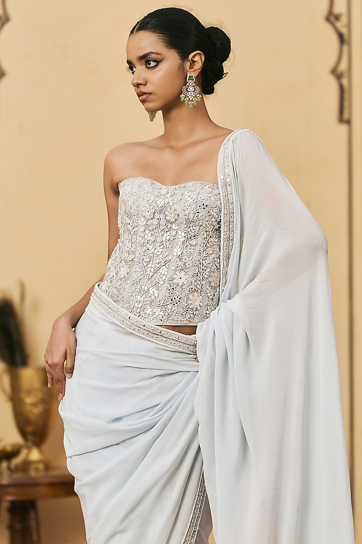 Powder Blue Organza Embroidered Draped Reception Saree Set by ITRH at Pernia's Pop Up Shop
