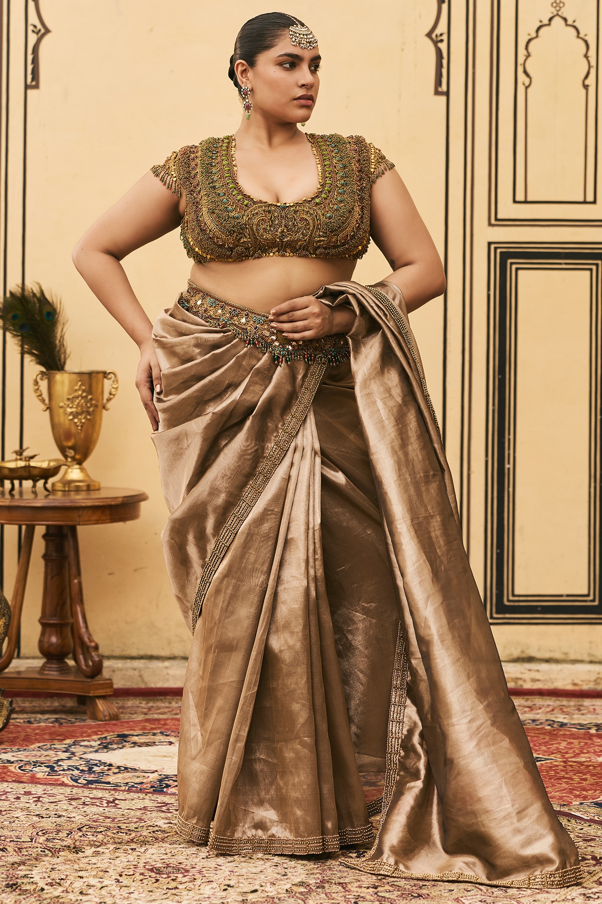 ITRH Coco Brown Silk Tissue Draped Saree Set