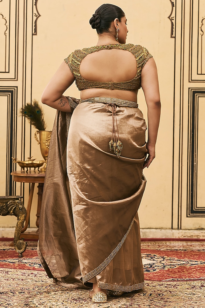 Coco Brown Silk Tissue Draped Bridal Saree Set by ITRH at Pernia's Pop Up Shop