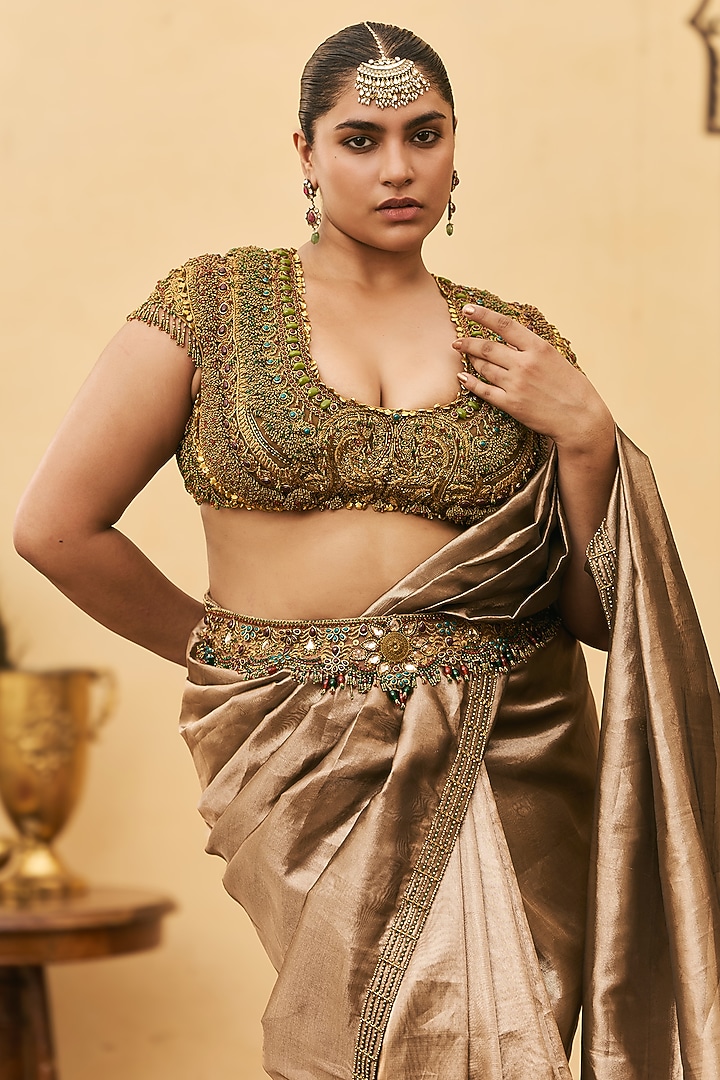 Coco Brown Silk Tissue Draped Bridal Saree Set by ITRH at Pernia's Pop Up Shop