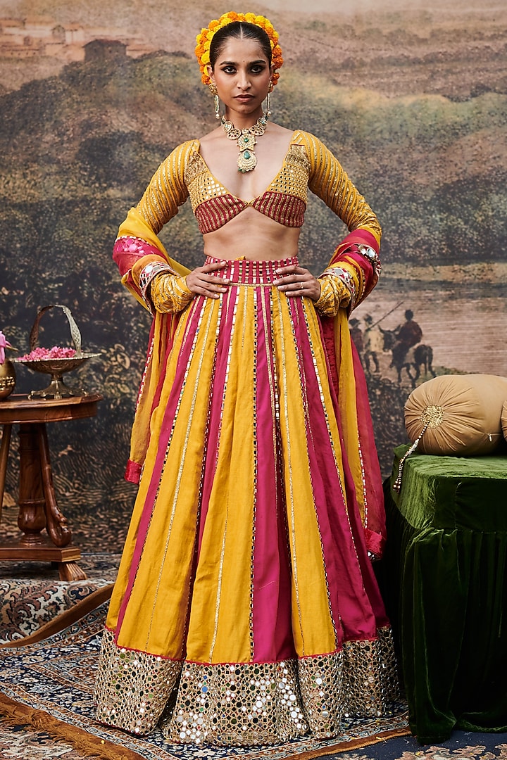 Yellow & Pink Linen Gota Embroidered Color-Blocked Bridal Lehenga Set by ITRH at Pernia's Pop Up Shop