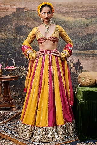 Yellow & Pink Linen Gota Embroidered Color-Blocked Lehenga Set by ITRH