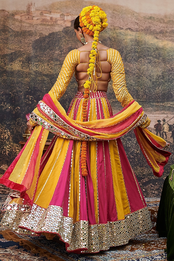 Yellow & Pink Linen Gota Embroidered Color-Blocked Bridal Lehenga Set by ITRH at Pernia's Pop Up Shop