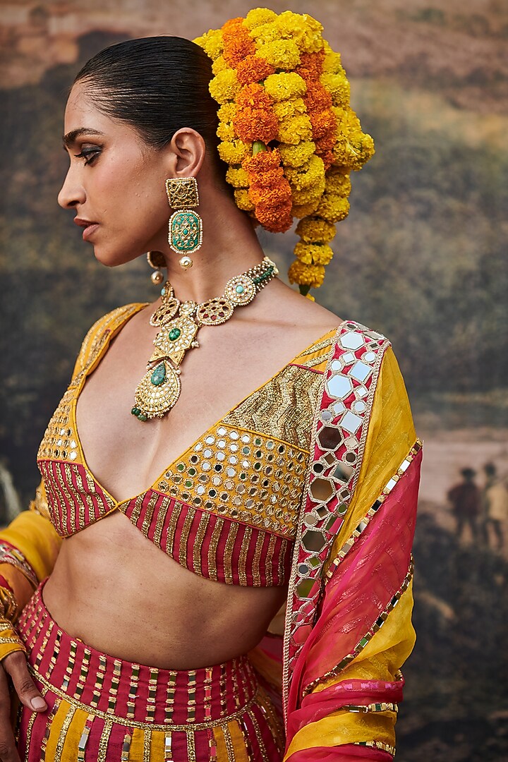 Yellow & Pink Linen Gota Embroidered Color-Blocked Bridal Lehenga Set by ITRH at Pernia's Pop Up Shop