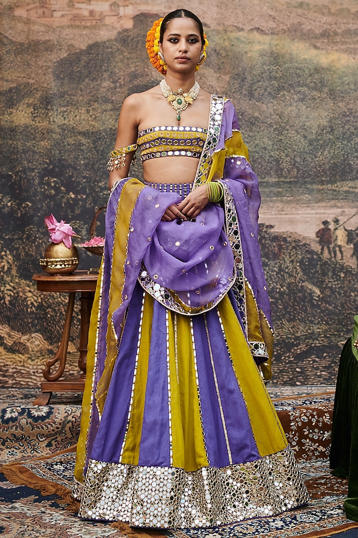 Purple & Yellow Linen Gota Embroidered Color-Blocked Bridal Lehenga Set by ITRH at Pernia's Pop Up Shop