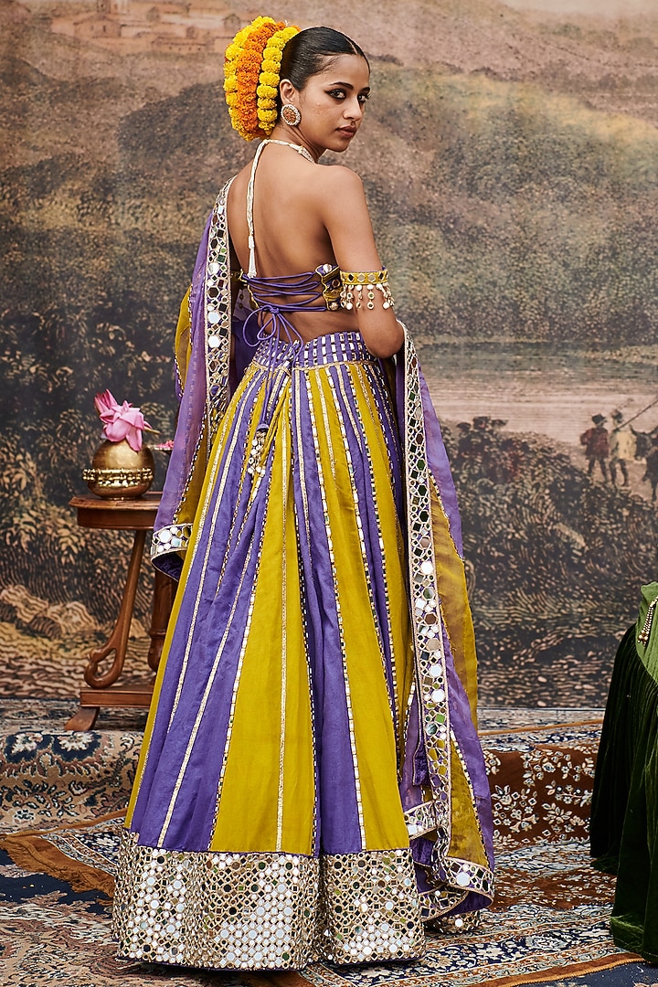 Purple & Yellow Linen Gota Embroidered Color-Blocked Bridal Lehenga Set by ITRH at Pernia's Pop Up Shop