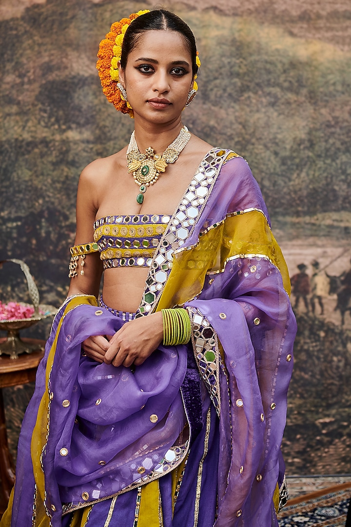 Purple & Yellow Linen Gota Embroidered Color-Blocked Bridal Lehenga Set by ITRH at Pernia's Pop Up Shop