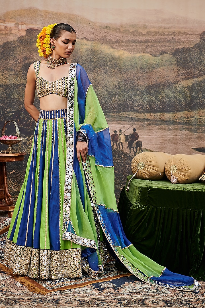 Blue & Green Linen Gota Embroidered Color-Blocked Bridal Lehenga Set by ITRH at Pernia's Pop Up Shop