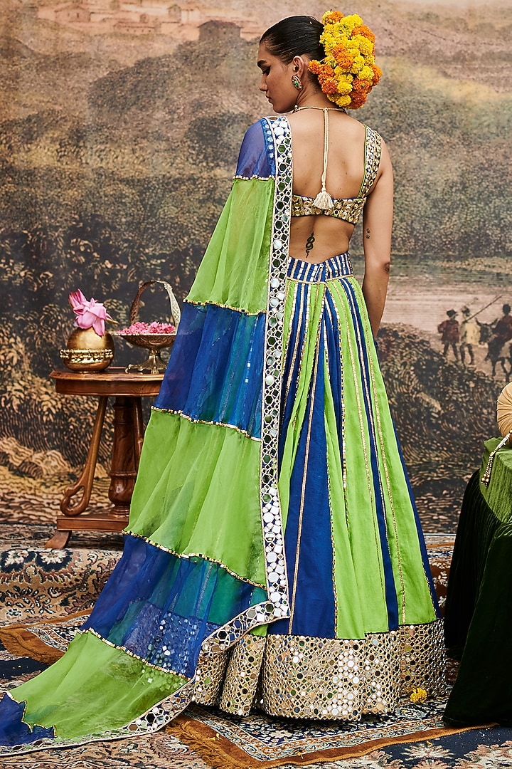 Blue & Green Linen Gota Embroidered Color-Blocked Bridal Lehenga Set by ITRH at Pernia's Pop Up Shop