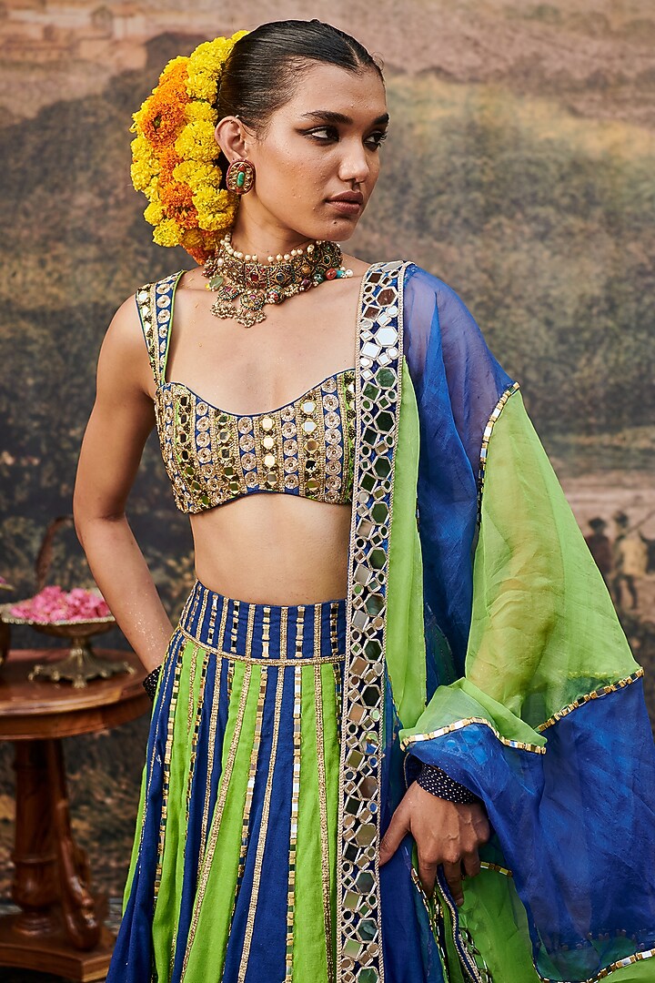 Blue & Green Linen Gota Embroidered Color-Blocked Bridal Lehenga Set by ITRH at Pernia's Pop Up Shop