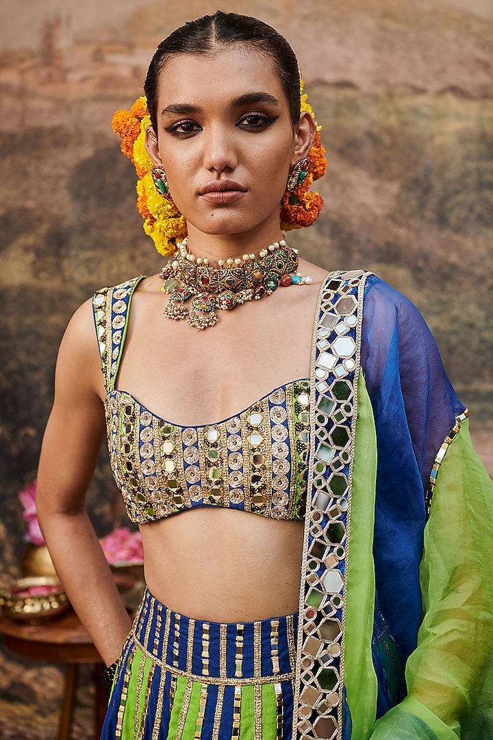 Blue & Green Linen Gota Embroidered Color-Blocked Bridal Lehenga Set by ITRH at Pernia's Pop Up Shop