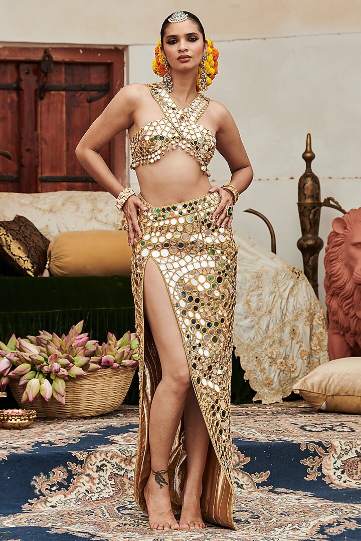 Gold Chanderi Silk Mirror Embroidered Slit Skirt Set by ITRH at Pernia's Pop Up Shop