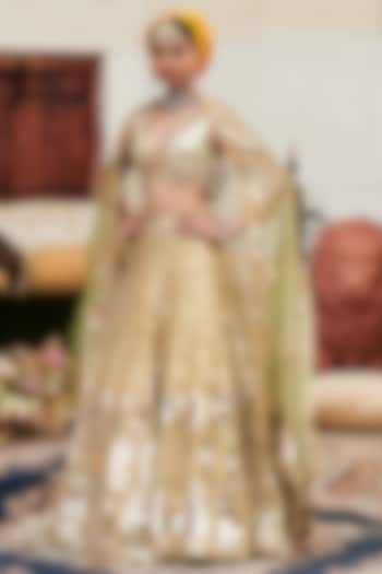 Gold Chanderi Silk Mirror Embroidered Bridal Lehenga Set by ITRH at Pernia's Pop Up Shop