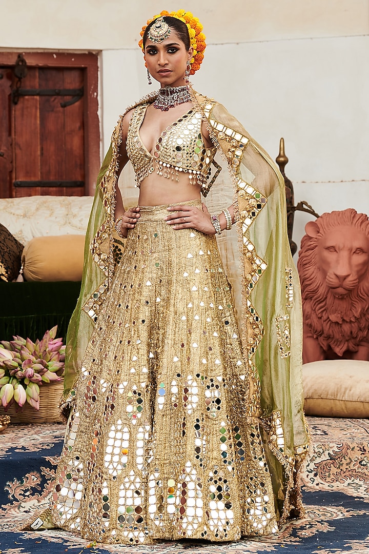 Gold Chanderi Silk Mirror Embroidered Bridal Lehenga Set by ITRH at Pernia's Pop Up Shop