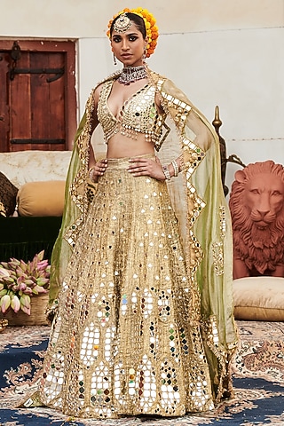 Gold Chanderi Silk Mirror Embroidered Lehenga Set by ITRH
