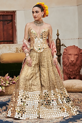 Gold Lampi Gota Mirror Embroidered Sharara Set by ITRH