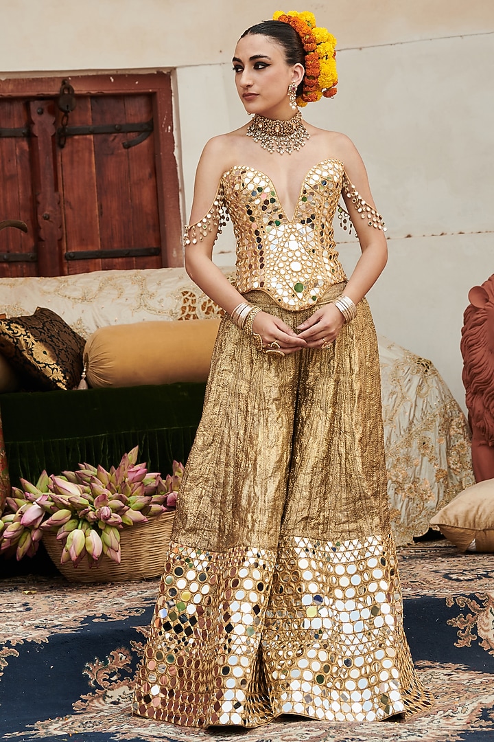 Gold Lampi Gota Mirror Embroidered Bridal Sharara Set by ITRH at Pernia's Pop Up Shop