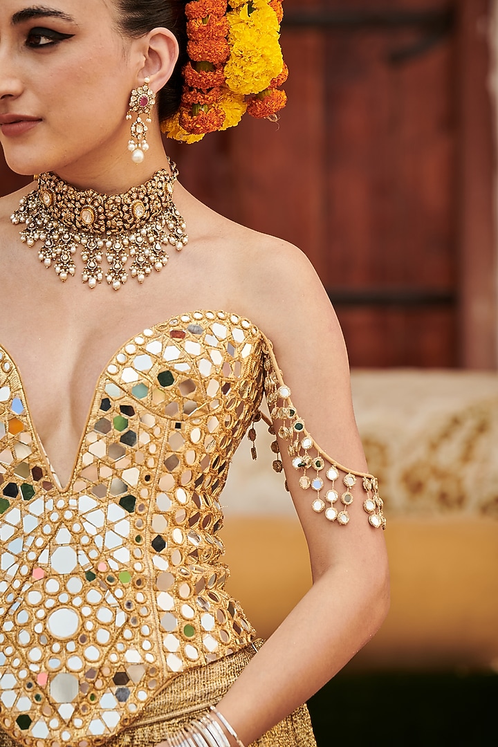 Gold Lampi Gota Mirror Embroidered Bridal Sharara Set by ITRH at Pernia's Pop Up Shop
