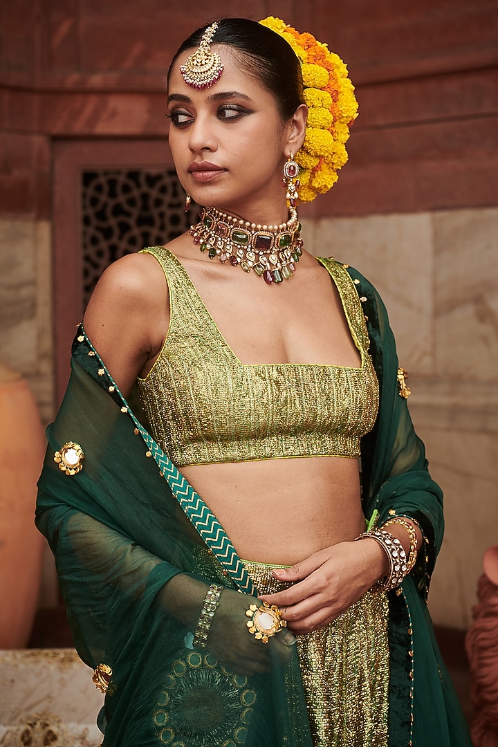 Green Lampi Gota Bridal Lehenga Set by ITRH at Pernia's Pop Up Shop