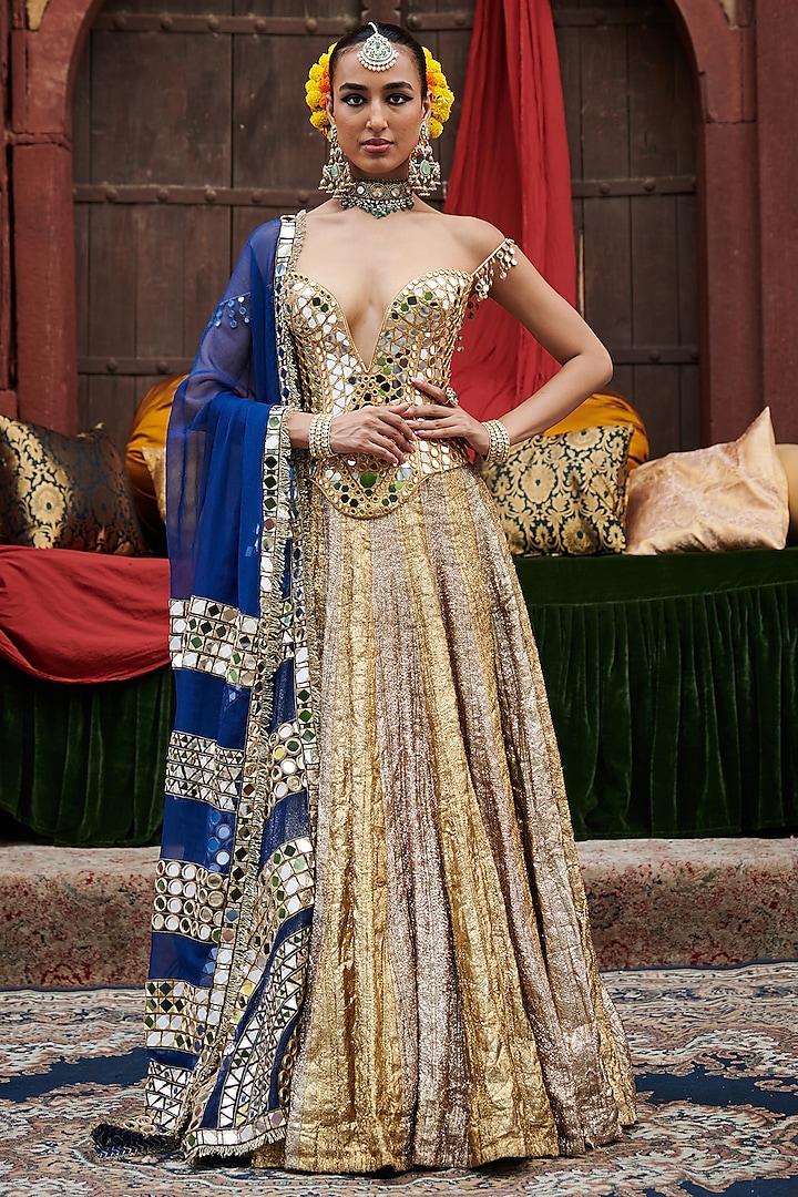 Silver & Gold Lampi Gota Color-Blocked Paneled Bridal Lehenga Set by ITRH at Pernia's Pop Up Shop