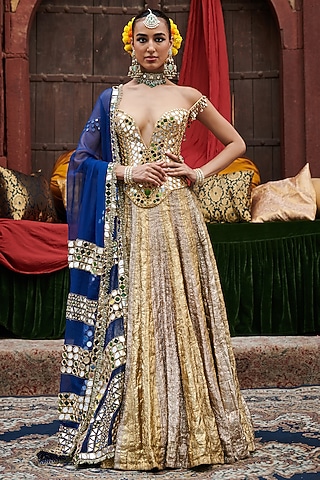 Silver & Gold Lampi Gota Color-Blocked Paneled Lehenga Set by ITRH