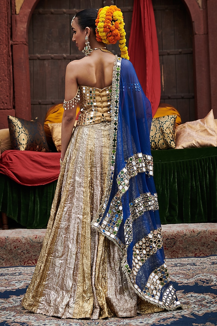 Silver & Gold Lampi Gota Color-Blocked Paneled Bridal Lehenga Set by ITRH at Pernia's Pop Up Shop