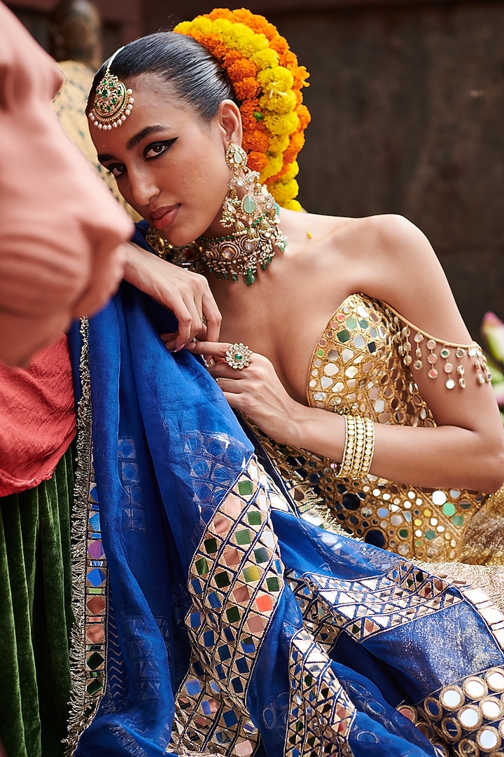 Silver & Gold Lampi Gota Color-Blocked Paneled Bridal Lehenga Set by ITRH at Pernia's Pop Up Shop