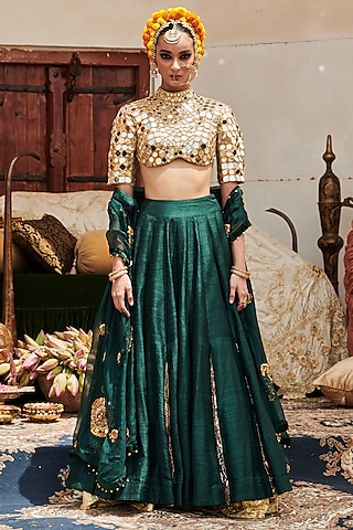 Green Raw Silk Lehenga Set by ITRH