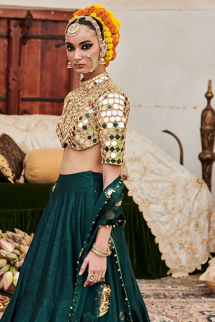 Green Raw Silk Bridal Lehenga Set by ITRH at Pernia's Pop Up Shop
