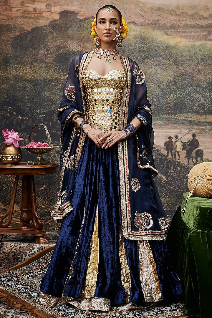 Blue Velvet Bridal Lehenga Set by ITRH at Pernia's Pop Up Shop