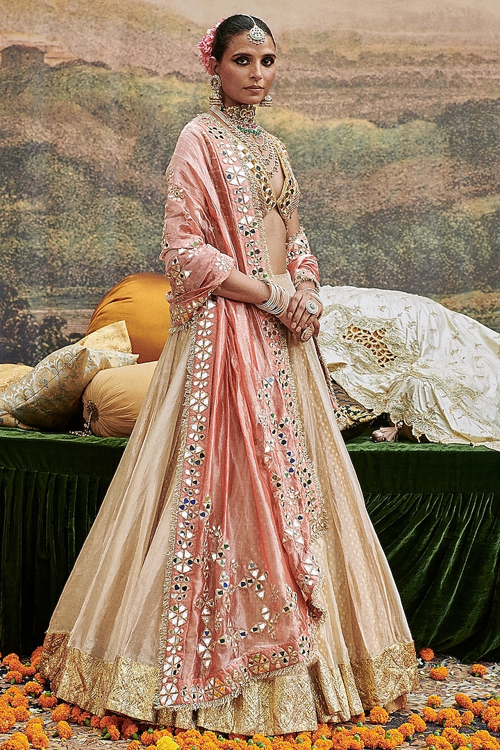 Beige & Gold Tissue Lehenga Set by ITRH