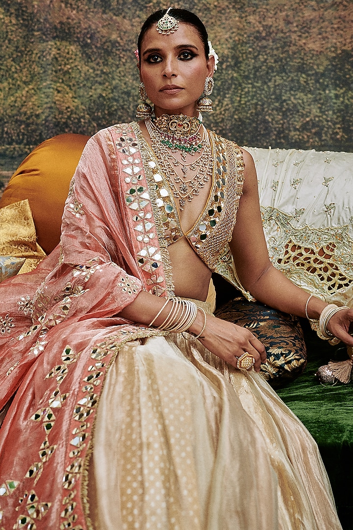 Beige & Gold Tissue Bridal Lehenga Set by ITRH at Pernia's Pop Up Shop
