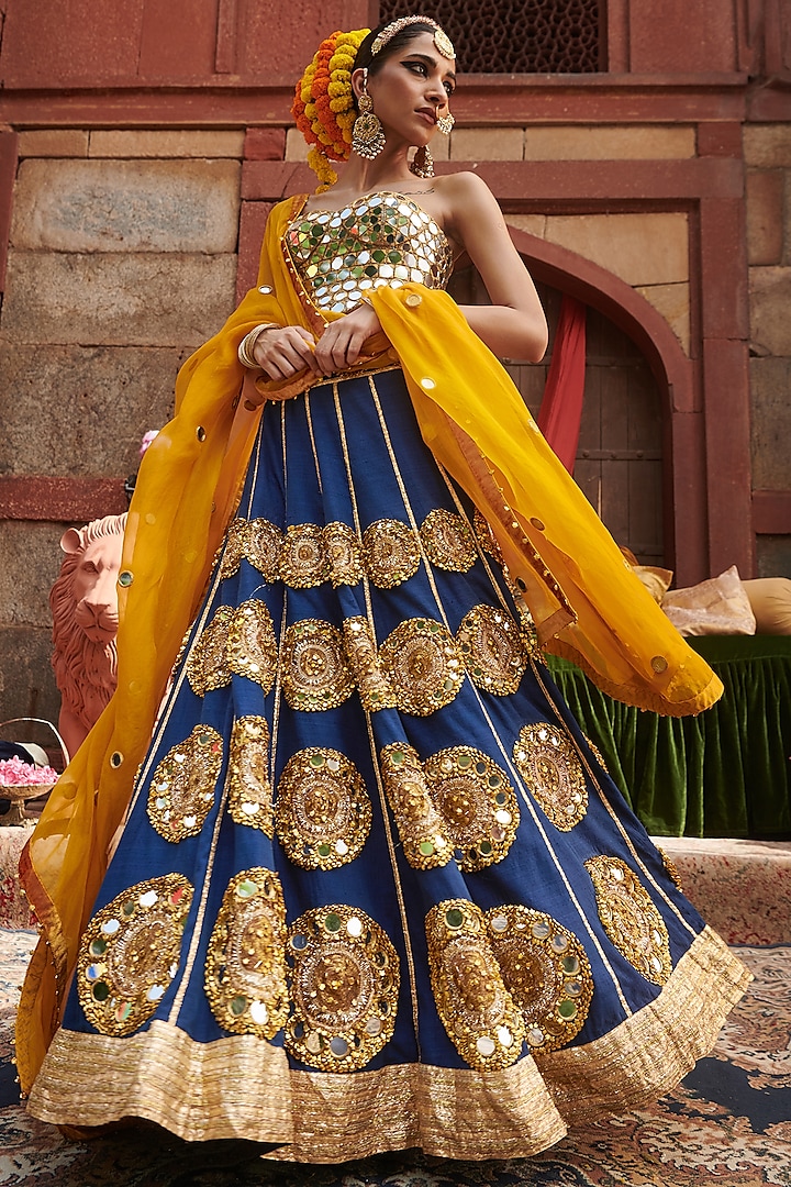 Blue Linen Mirror Embroidered Bridal Lehenga Set by ITRH at Pernia's Pop Up Shop