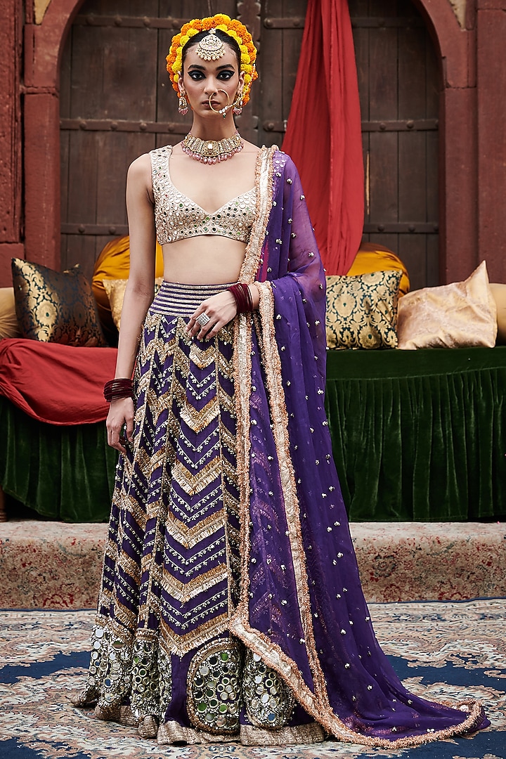 Purple Linen Mirror Embroidered Lehenga Set by ITRH