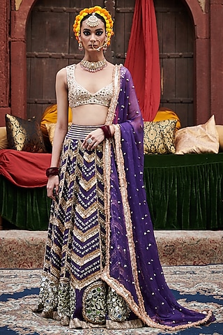 Purple Linen Mirror Embroidered Lehenga Set by ITRH