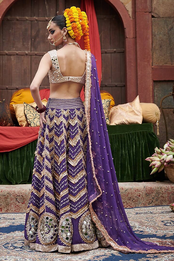 Purple Linen Mirror Embroidered Bridal Lehenga Set by ITRH at Pernia's Pop Up Shop