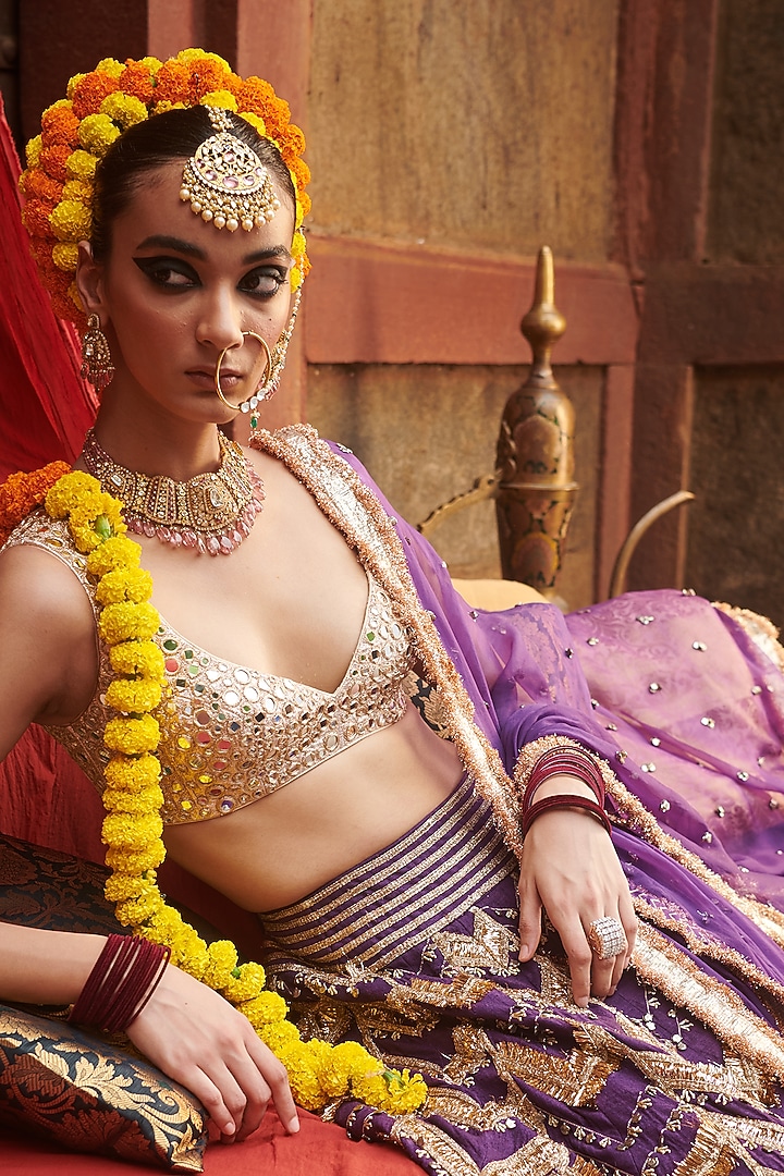 Purple Linen Mirror Embroidered Bridal Lehenga Set by ITRH at Pernia's Pop Up Shop