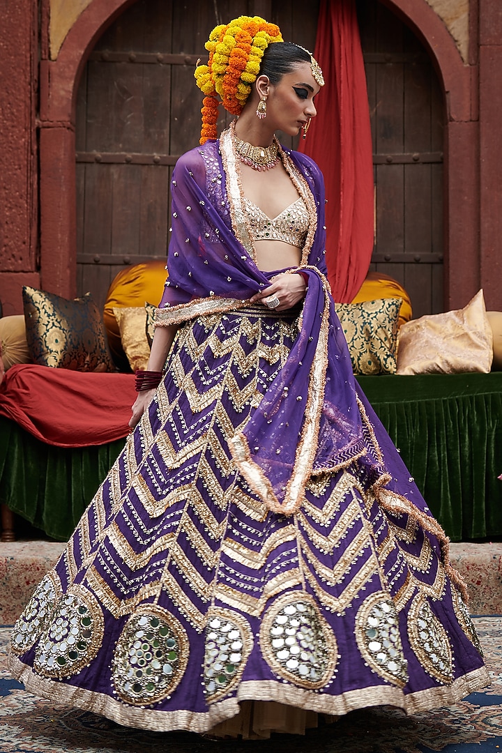Purple Linen Mirror Embroidered Bridal Lehenga Set by ITRH at Pernia's Pop Up Shop
