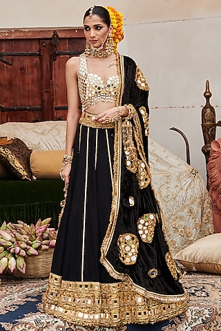 Black Linen Gota & Mirror Embroidered Lehenga Set by ITRH