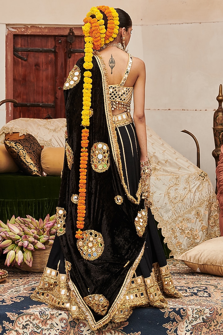Black Linen Gota & Mirror Embroidered Bridal Lehenga Set by ITRH at Pernia's Pop Up Shop