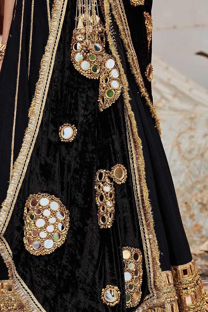 Black Linen Gota & Mirror Embroidered Bridal Lehenga Set by ITRH at Pernia's Pop Up Shop